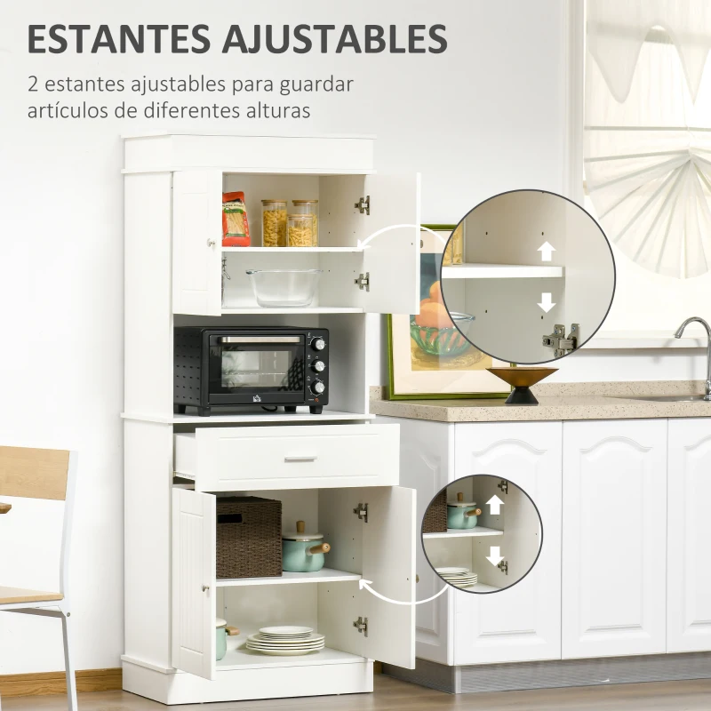 HOMCOM Mueble Auxiliar de Cocina Aparador Alacena con 1 Cajón 4 Puertas y Estantes Interiores Ajustables para Comedor Salón Antivuelco 74,3x39,4x183 cm Blanco