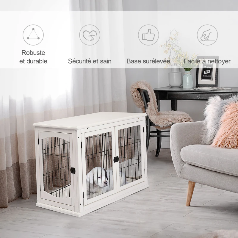 PawHut Cage pour chien intérieur en MDF E1, meuble 3 portes verrouillables, jusqu'à 30 kg, 81L x 58l x 66H cm, noir et blanc