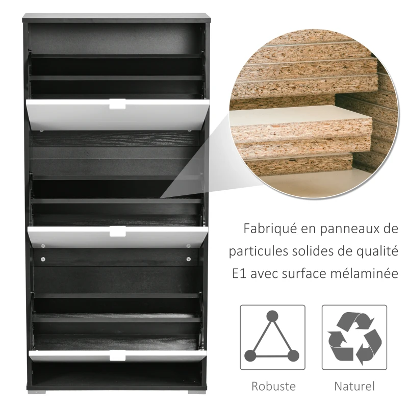 HOMCOM Meuble à Chaussures 3 Portes abattantes 3 Compartiments MDF Noir Blanc laqué