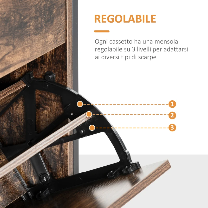 HOMCOM Mobile Scarpiera Salvaspazio Stile Industriale per 12 Paia di Scarpe, Legno e Metallo, 60x24x115cm Marrone e Nero