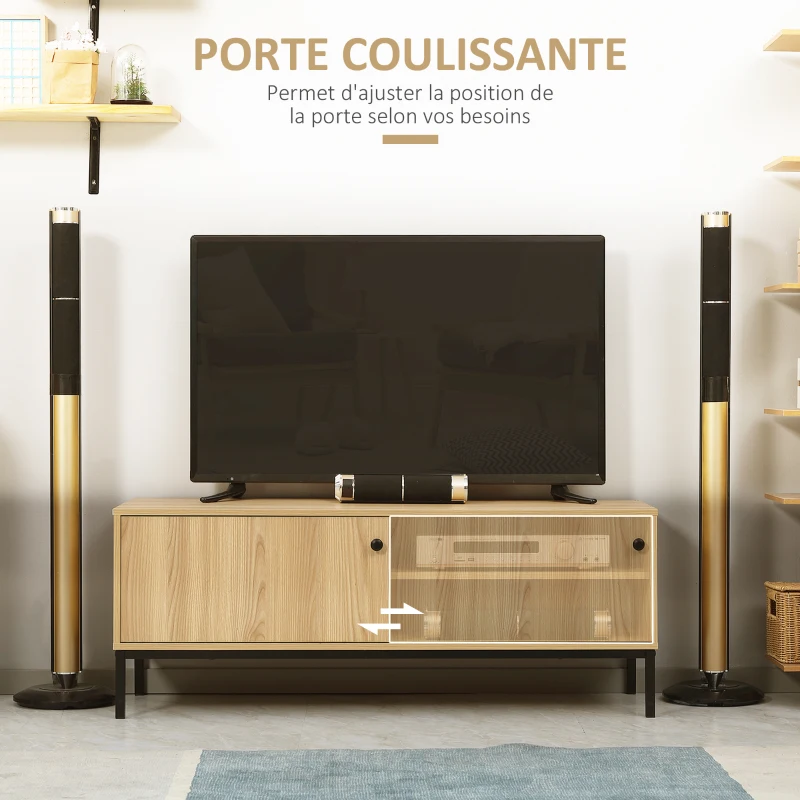 HOMCOM Meuble TV max. 50 pouces 3 compartiments 2 passe-câbles avec porte coulissante - dim. 120L x 39,5l x 46H cm
