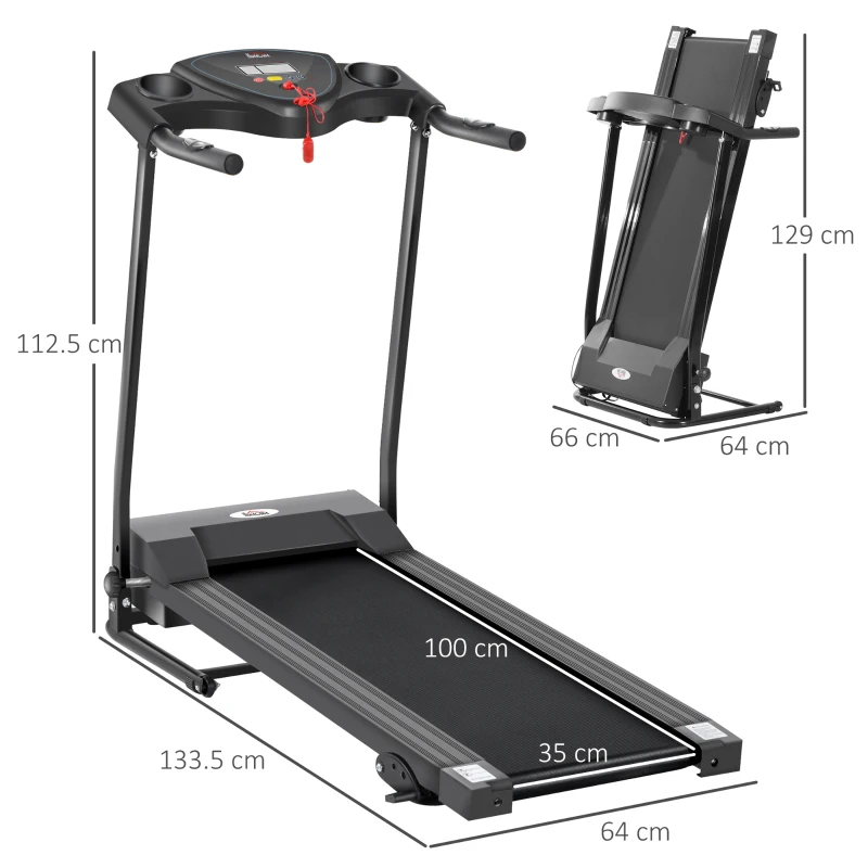 HOMCOM 0.75HP Foldable Motorised Treadmill 1-10 km/h, Indoor Electric Adjustable Running Machine w/ Three Preset Modes, LCD Display, Two Cup Holders for Home, Office, Gym - Black