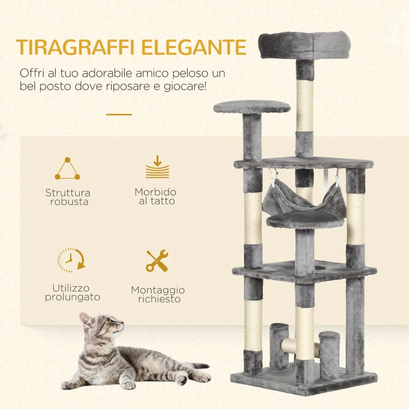 PawHut Albero Tiragraffi Giocattolo per Gatti a 4 Livelli con Amaca Cuccia Piattaforme in Peluche Sisal Naturale Altezza 132cm Grigio