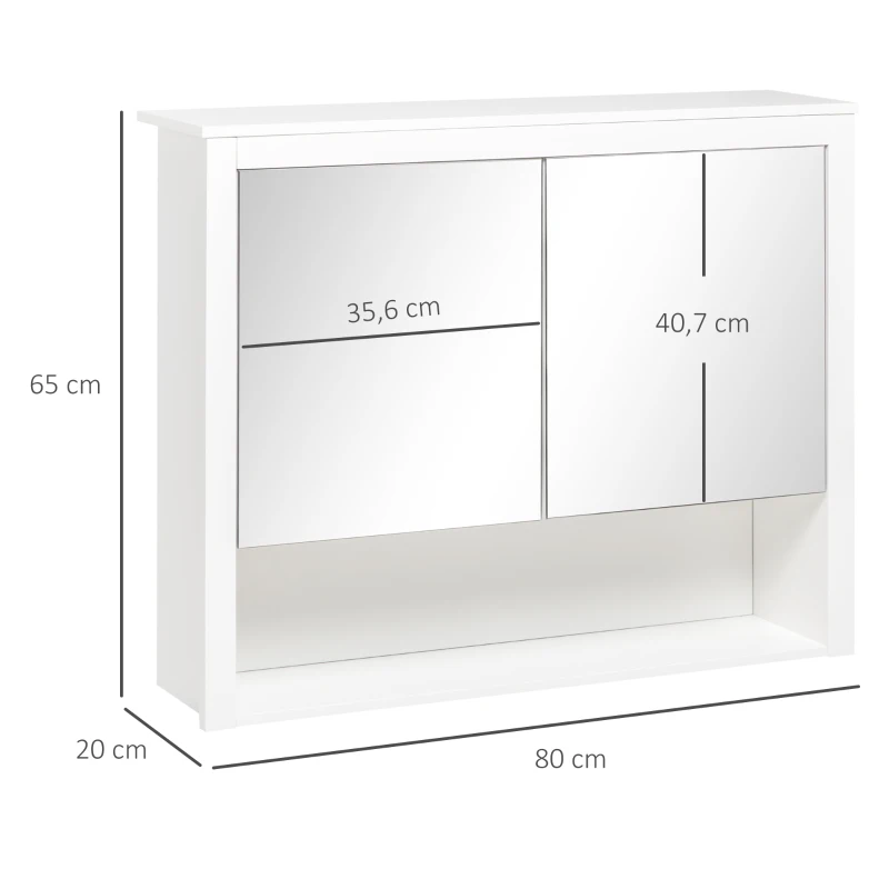 HOMCOM Armoire de salle de bain avec miroir, armoire murale, 2 portes-miroir, étagère de rangement, 80l x 20P x 65H cm, blanc