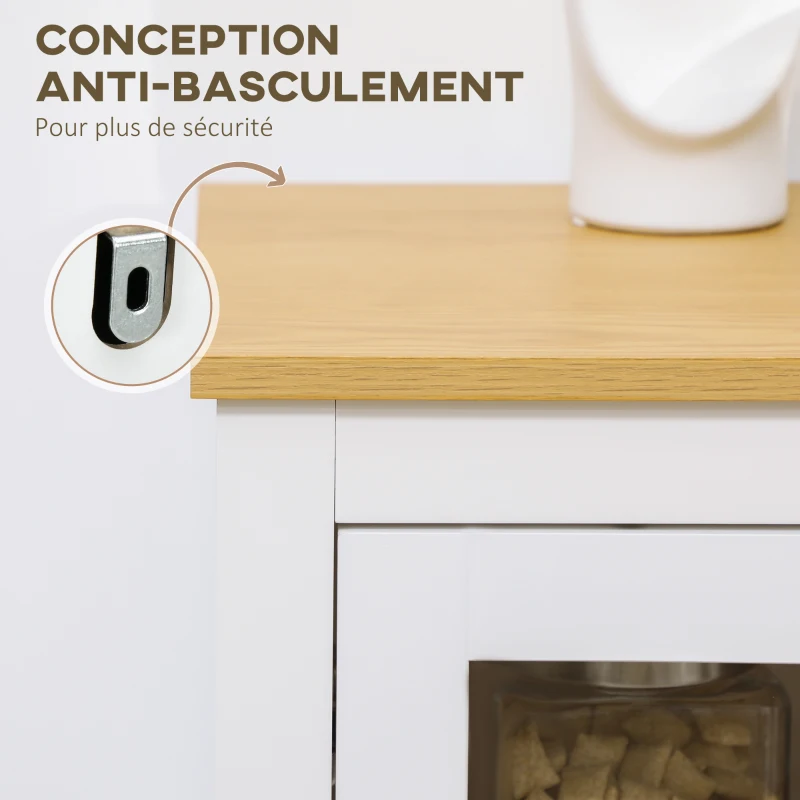 HOMCOM Buffet de cuisine haut + meuble bas de rangement - portes vitrées, étagères réglables, tiroir, niche et passe-câble - blanc, bois naturel