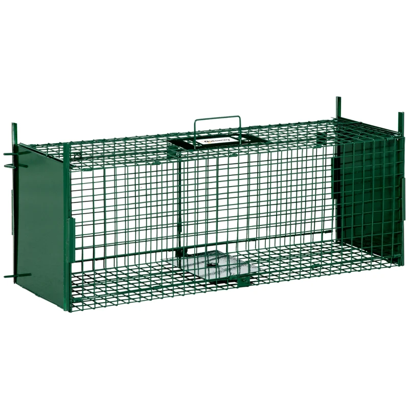 Outsunny Trampa para Animales Vivos con 2 Puertas Jaula de Captura Metálica con Asa para Conejos Visones Zorros Pequeños 80x25x30 cm Verde Oscuro