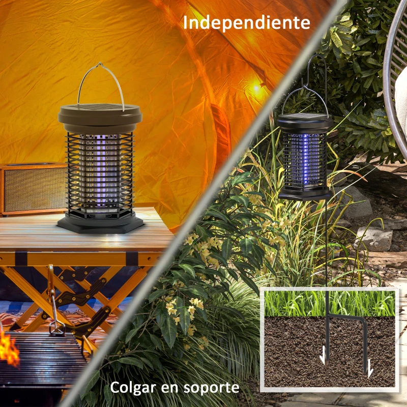 Outsunny Antimosquitos Eléctrico 2 en 1 9W con Luces LED UV Recargable Solar y USB Efecto 30 m² para Jardín Terraza Patio Negro