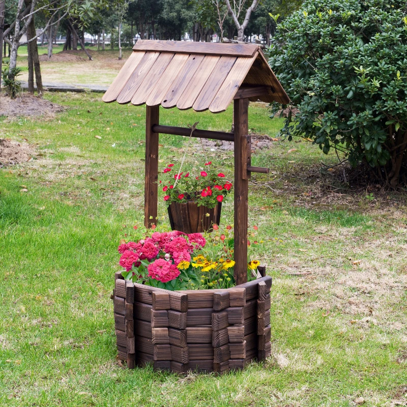 Outsunny Wooden Wishing Well Planter Outdoor Flower Pot Backyard Garden Decor w/ Bucket