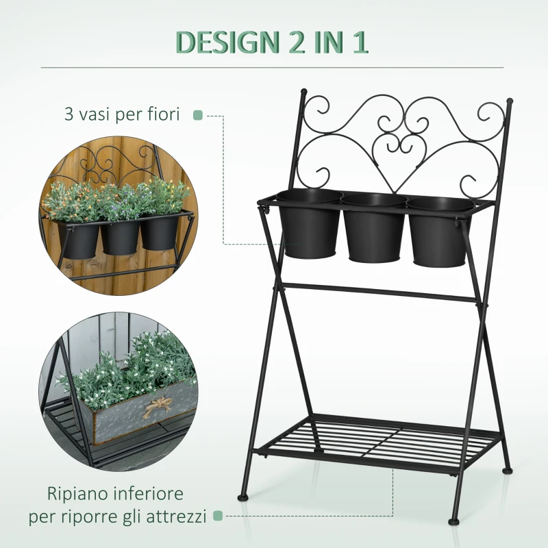 Outsunny Portapiante in Metallo Pieghevole con 3 Vasi e Ripiano Inferiore per Casa e Giardino, 47x37x78.5cm, Nero