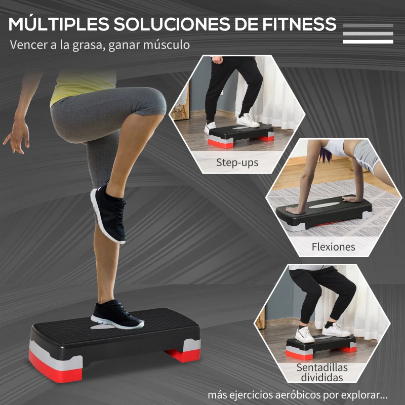 HOMCOM Step para Fitness Stepper Aeróbic Step de Aeróbic Antideslizante con Altura Regulable 2 Niveles de 10/15 cm Carga 150 kg para Ejercicio en Casa Gimnasio 68x29x15 cm Negro y Rojo