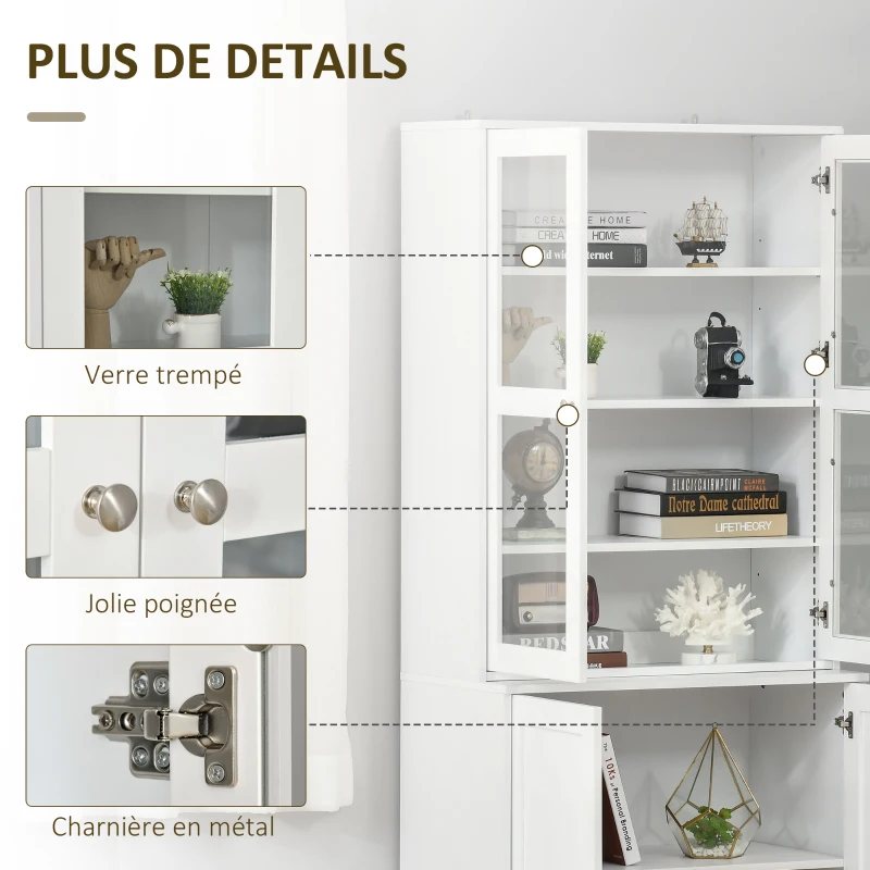 HOMCOM Bibliothèque vitrine, buffet salon, meuble de rangement avec 2 portes verre, 2 portes bois, 4 étagères réglables, pour salon, bureau, chambre, blanc