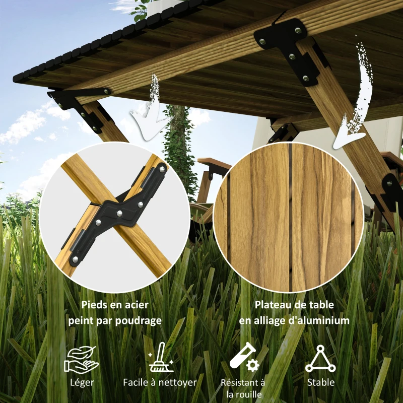 Outsunny Table de camping table de pique-nique table de jardin pliable en aluminium avec plateau enroulable bois naturel