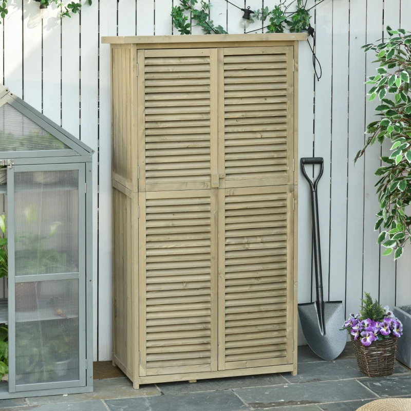 Outsunny Cobertizo Madera Caseta de Exterior Armario para Herramientas de Jardinería Persiana Delantera Compartimientos de Diferentes Tamaños 87x46,5x160cm Madera Maciza