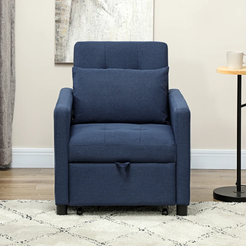 HOMCOM Fauteuil convertible 1 place avec dossier inclinable à 3 positions, coussin, siège rembourré et accoudoirs, bleu