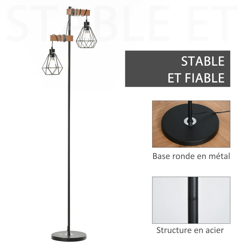 HOMCOM Lampadaire Design Industriel 40 W Max. Double Suspension métal Filaire Hauteur réglable Noir