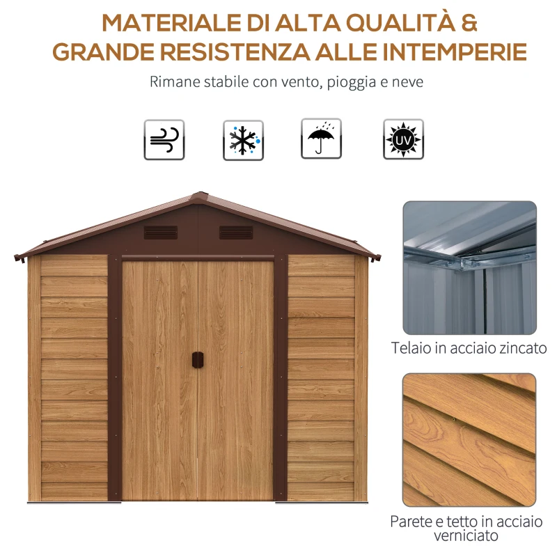 Outsunny Casetta da Giardino in Lamira Porta Attrezzi con Porte Scorrevoli, Effetto Legno, 152x235.7x208.7cm