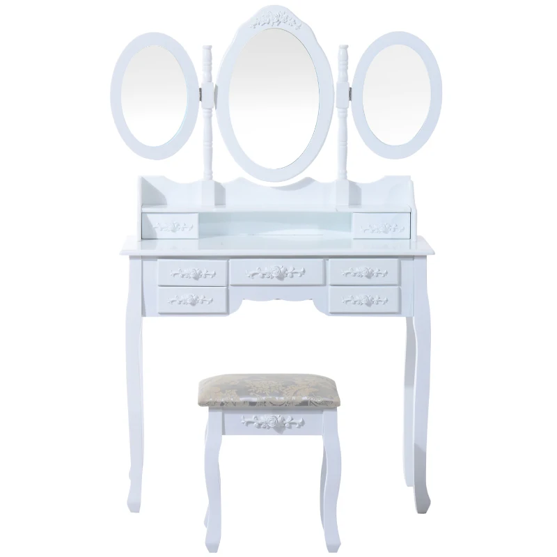 HOMCOM Coiffeuse et tabouret style Victorien multi-rangements 7 tiroirs, 3 miroirs ovales et étagère blanc
