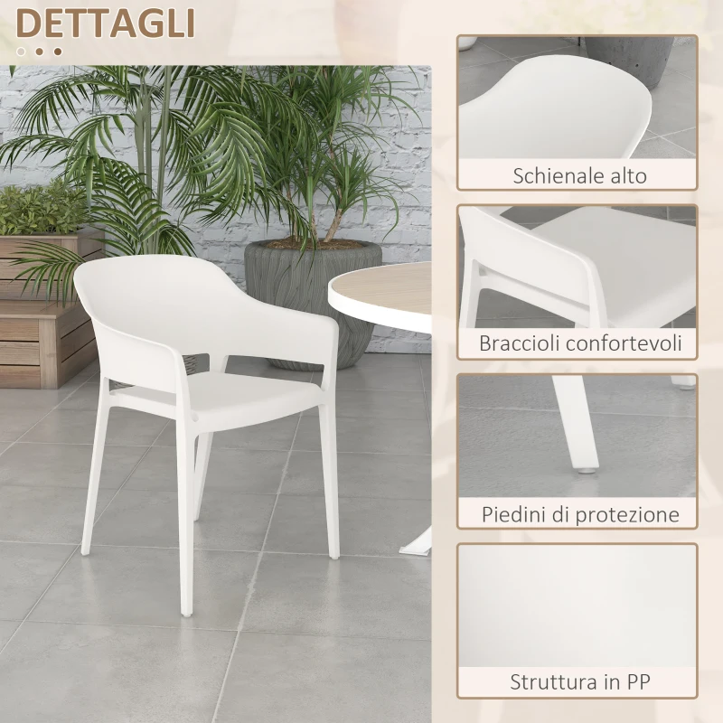 Outsunny Set 4 Sedie da Giardino in Plastica Impilabili con Braccioli e Schienale Alto in PP, Bianco