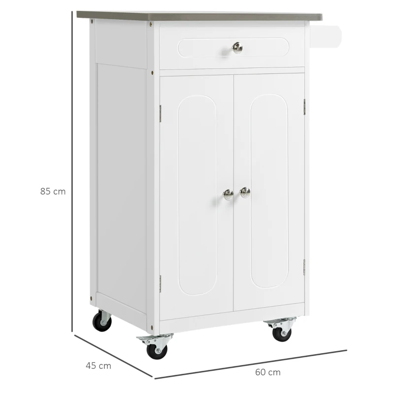 HOMCOM Chariot de service desserte de cuisine à roulettes multi-rangements 1 tiroir placard 2 portes avec étagère porte-torchons MDF blanc acier inoxydable