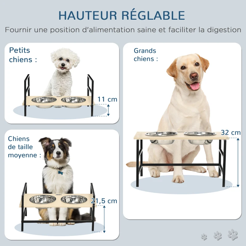 PawHut Gamelle chien surélevée double porte-gamelle avec 2 bols amovibles en acier, hauteur réglable 11/21,5/32 cm et 1 tapis