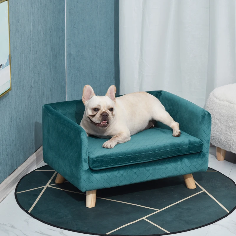 PawHut Canapé chien lit pour chien design scandinave coussin moelleux pieds bois massif dim. 64 x 45 x 36 cm velours bleu canard