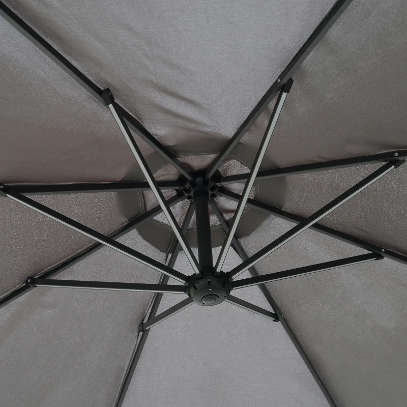 Outsunny Ombrellone da Giardino Ø3x2.5 m a Braccio con Manovella e 8 Strisce LED a Energia Solare, Grigio