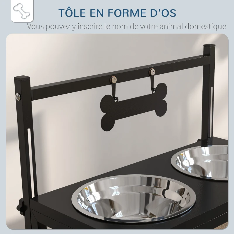 PawHut Gamelles surrélevées chien avec support réglable en hauteur de 11 à 33 cm 2 bols en acier inoxydables amovibles noir