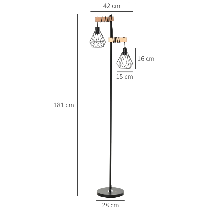 HOMCOM Lampadaire Design Industriel 40 W Max. Double Suspension métal Filaire Hauteur réglable Noir