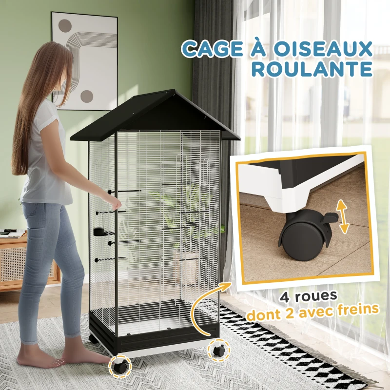 PawHut Cage oiseau sur pied volière oiseaux intérieure sur roulettes 2 mangeoires 8 perchoirs 79 x 65 x 155 cm fil d'acier noir