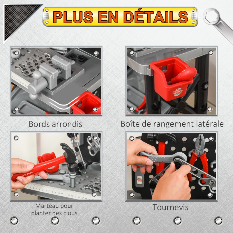 HOMCOM Etabli et Outils pour Enfant - Jeu d'imitation Bricolage - Nombreux Accessoires Plus de 50 pièces & Outils variés - PP Noir Gris Rouge