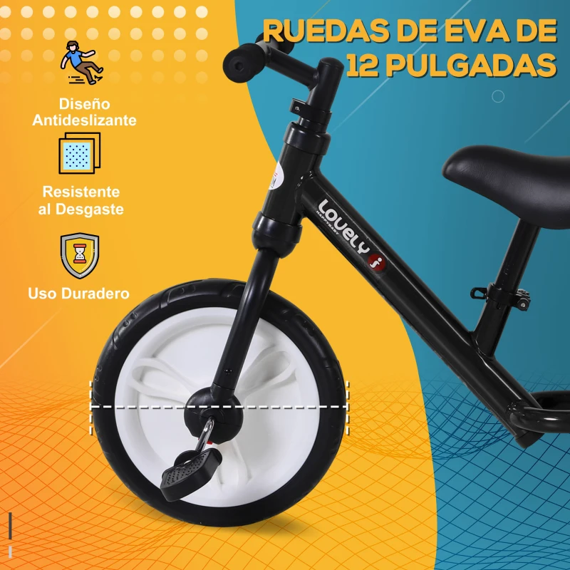 HOMCOM Bicicleta de Equilibrio con Pedales y Ruedas Entrenamiento Extraíbles de Asiento Regulable 33-38cm Niños +24 Meses Carga 25kg Negro