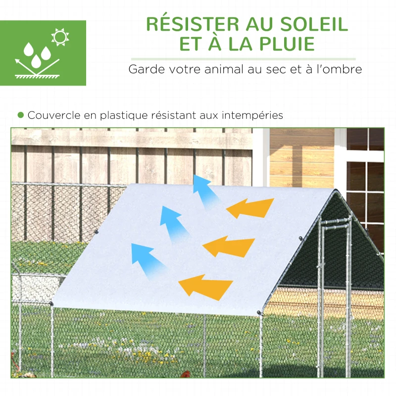 PawHut Enclos poulailler chenil volière extérieur 24 m² - Parc grillagé dim. 3L x 8l x 2H m - Espace Couvert - Acier galvanisé