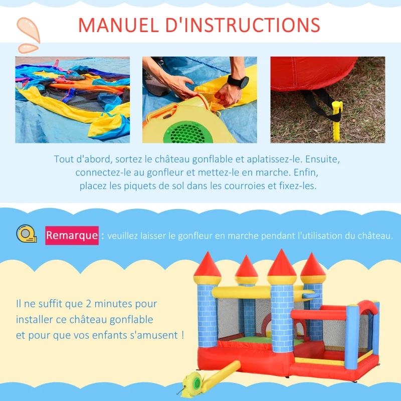 Outsunny Château gonflable pour enfants avec trampoline toboggan, souffleur 350W et sac de transport inclus jusqu'à 3 enfants dim. 280L x 260l x 210H cm multicolore(m-6)