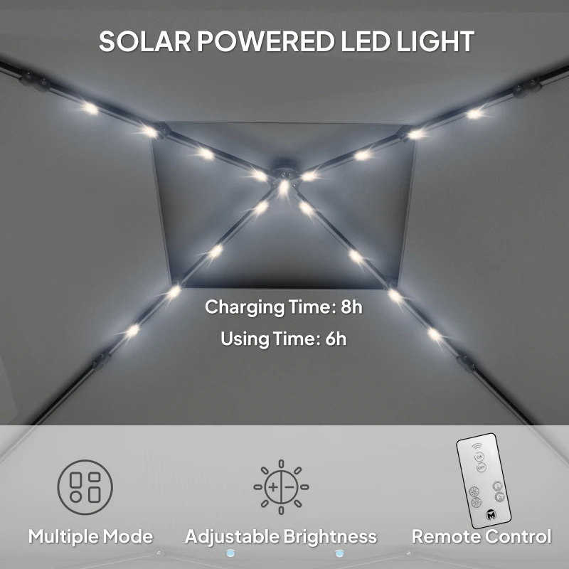 Outsunny 3.36 x 3.36m Pop Up Gazebo Party Tent with Solar-Powered LED Lights, Adjustable Event Shelter with Netting, Black