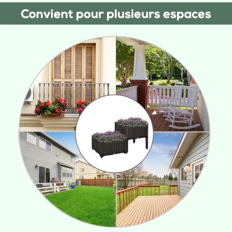 Outsunny Jardinière sur Pieds carré Potager 2 étages dim. 80L x 40l x 44H cm Insert d'irrigation Plastique Chocolat