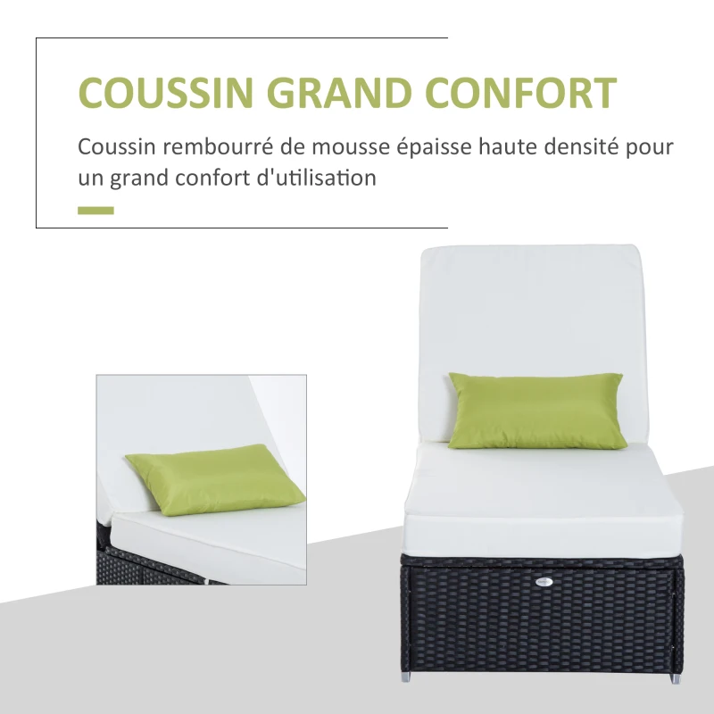 HOMCOM Bain de Soleil transat chaise longue jardin Grand Confort 195L x 68l x 31H cm Dossier inclinable Multi-Positions Aluminium Matelas épaisseur 10 cm crème résine tressée 4 Fils Noir