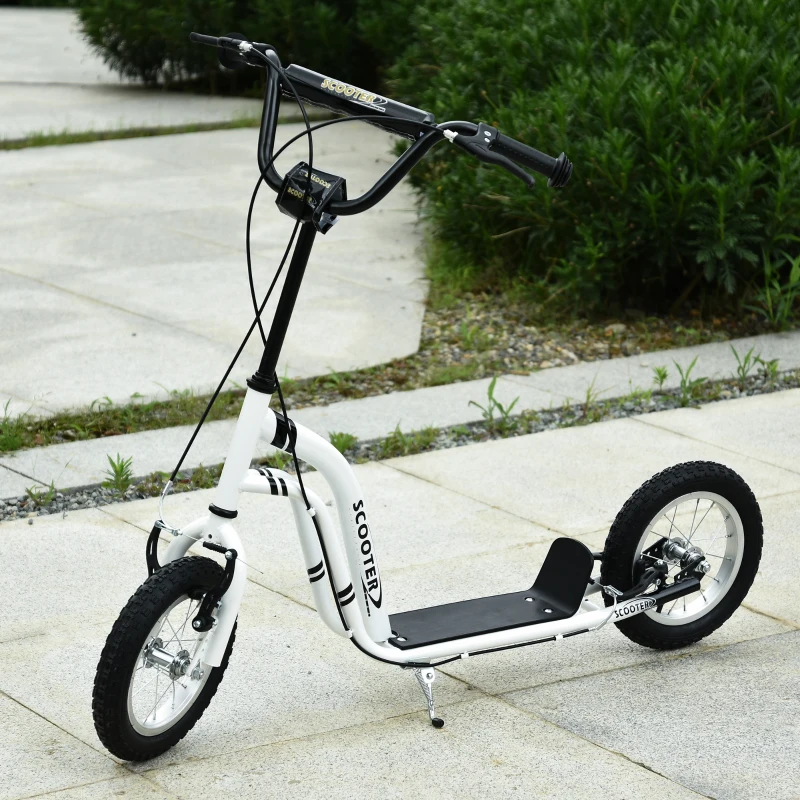 HOMCOM Patinete para Niños Mayores de 5 Años Scooter 2 Neumáticos Inflables de Caucho con Frenos Manillar Ajustable Pedal Antideslizante 120x58x85-95 cm Blanco