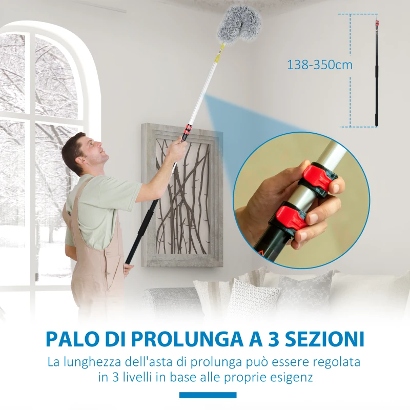 HOMCOM Kit di Pulizia per Casa e Ufficio con Asta, Spolverino per Ragnatele, Spolverino in Microfibra e Spolverino per Ventilatore