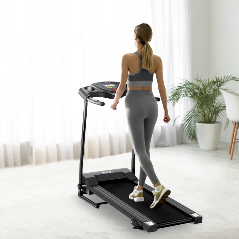 HOMCOM 0.75HP Foldable Motorised Treadmill 1-10 km/h, Indoor Electric Adjustable Running Machine w/ Three Preset Modes, LCD Display, Two Cup Holders for Home, Office, Gym - Black