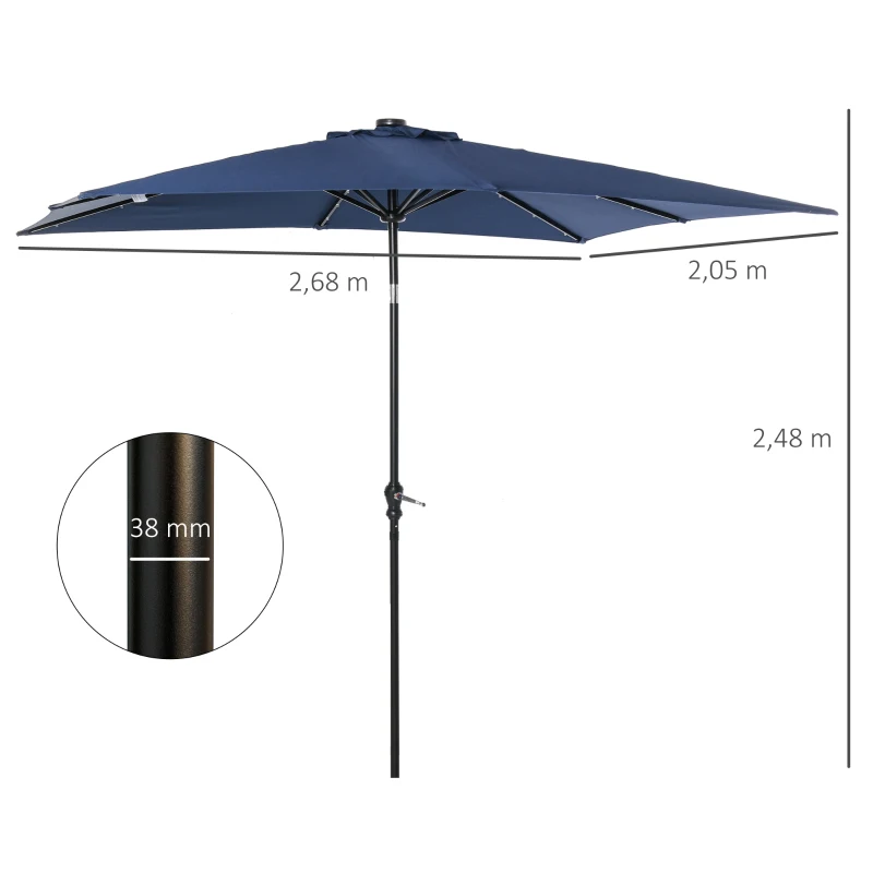 Outsunny Parasol de jardin Parasol droit 3 x 2 m lumineux rectangulaire inclinable avec LED solaire acier polyester haute densité bleu