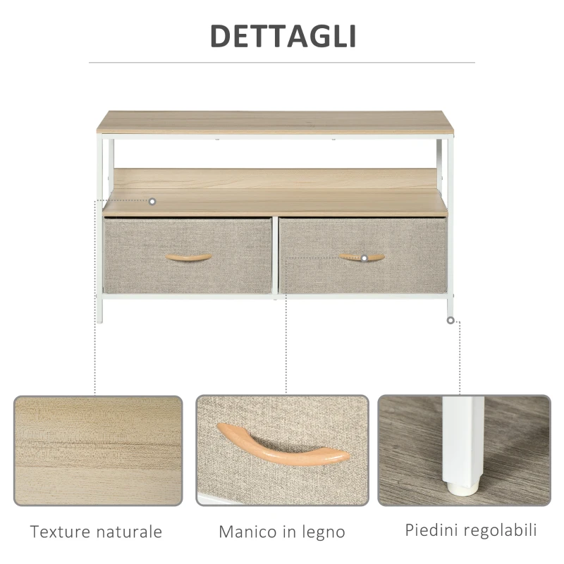 HOMCOM Mobile Porta TV da 47" con Cassetti Pieghevoli in Tessuto e Mensola in Metallo e MDF, 98x29x56cm, Colore Legno