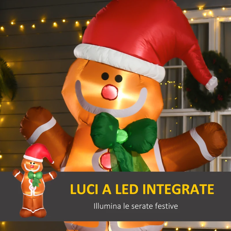 HOMCOM Omino Pan di Zenzero Gonfiabile 183cm, Luci LED Integrate, Decorazione Natalizia da Esterno