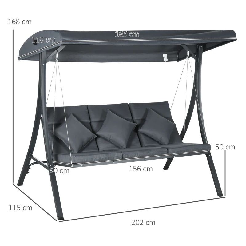 Outsunny Balancelle de jardin 3 places grand confort inclinaison toit réglable matelas fourni acier polyester gris foncé
