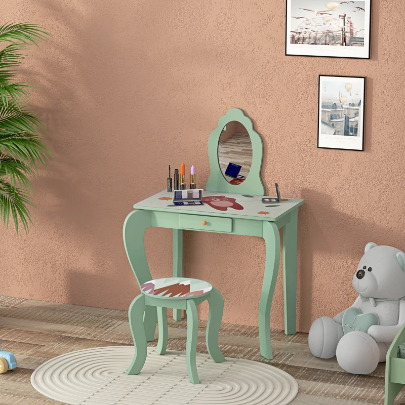 ZONEKIZ Kids Dressing Table with Mirror, Stool, Drawer, Cute Animal Design, Green