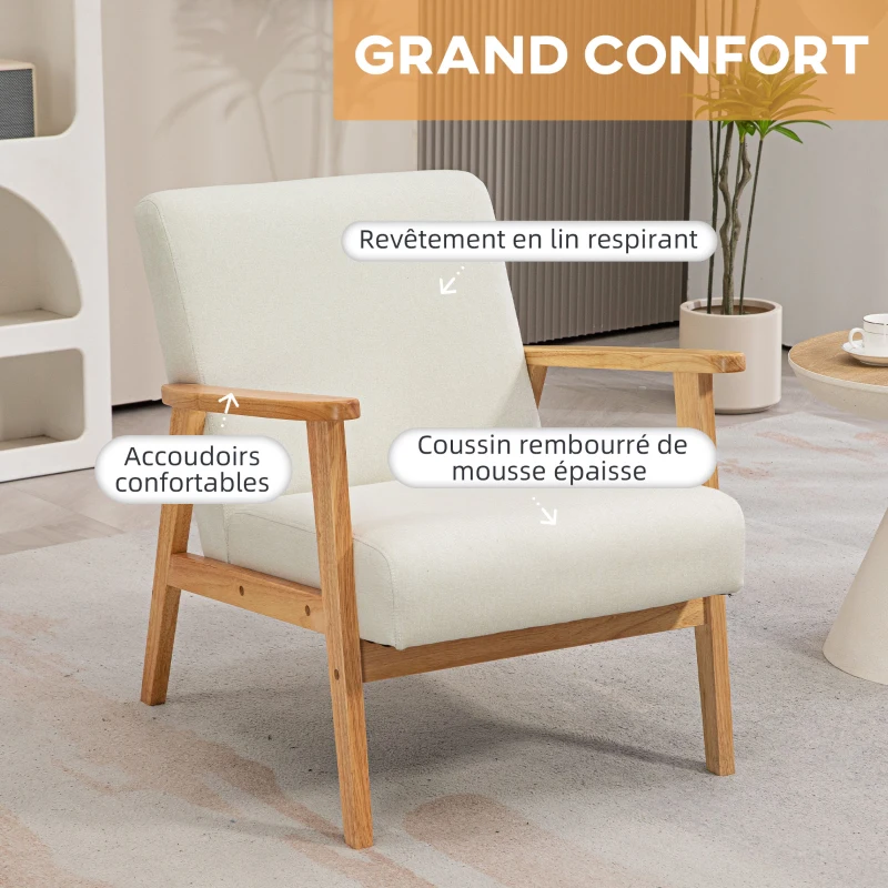 HOMCOM Fauteuil de Salon Fauteuil de Relaxation Fauteuil Simple pour Chambre Cadre en Bois hévéa Revêtement en Lin Crème
