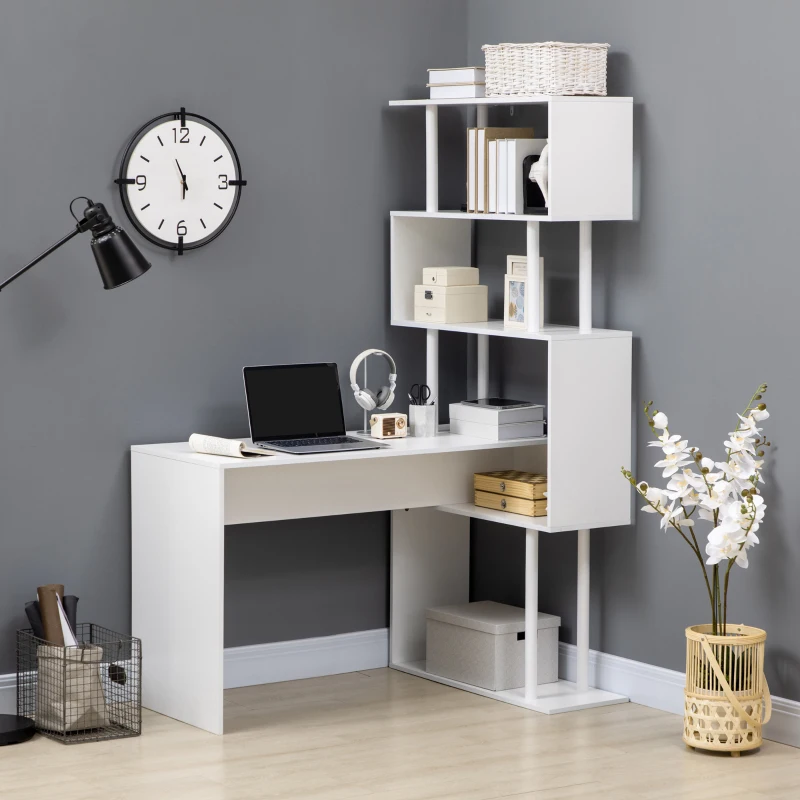 HOMCOM Bureau d'angle bureau informatique en forme de L avec étagères à 4 niveaux en bois 120 x 80 x 176 cm blanc(m-2)