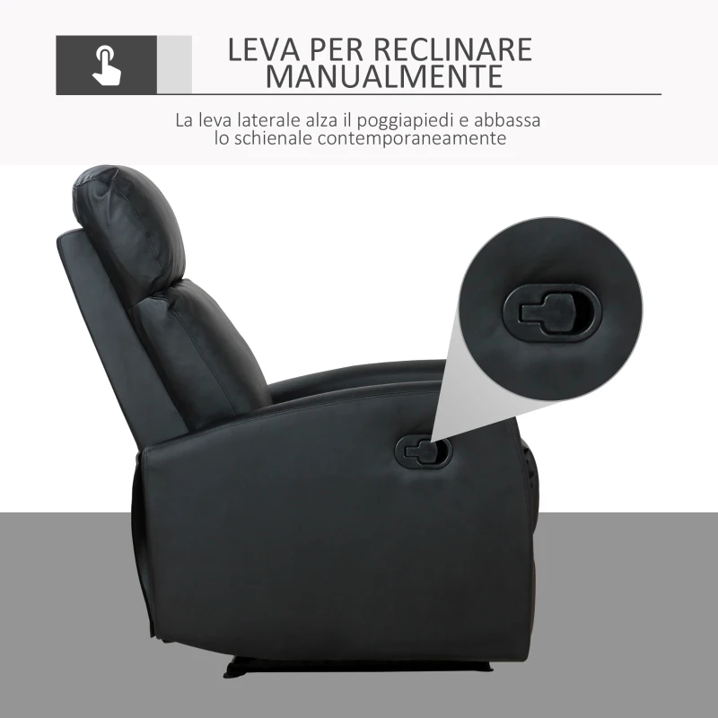 HOMCOM Poltrona Relax Reclinabile, Regolabile ed Ergonomica, in Pelle PU con Imbottitura, per Casa e Ufficio, 65x92x100 cm, Nera