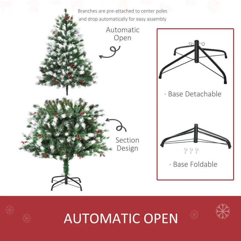 HOMCOM 5ft Snow-Dipped Artificial Christmas Tree w/ Red Berries Metal Base Home Season Decoration Holiday Elegant Traditional