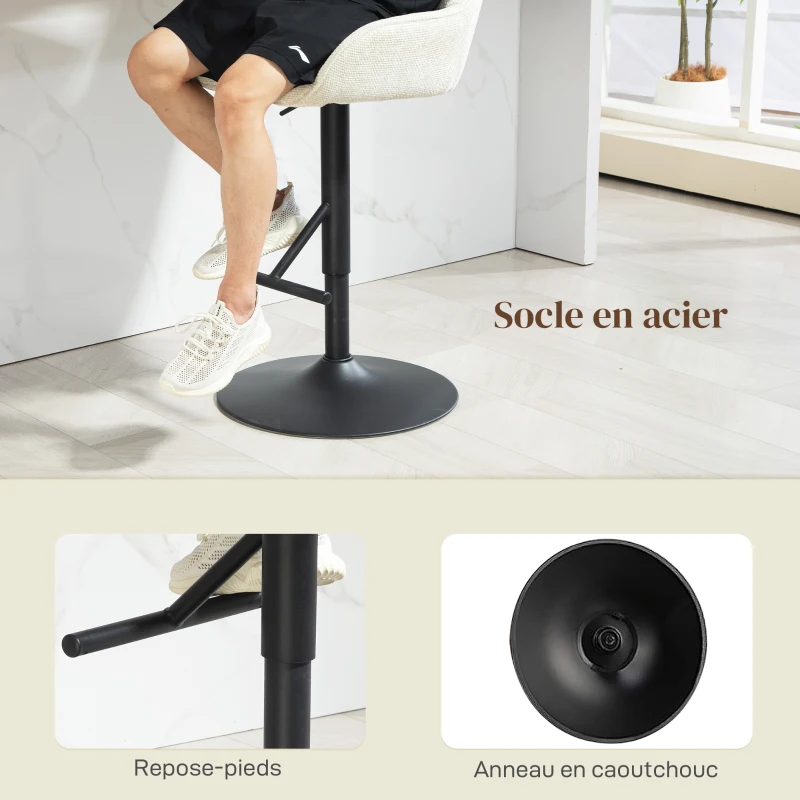 HOMCOM Lot de 2 tabourets de bar chaises de bar hauteur réglable tissu effet lin et base en acier 52,5 x 53 x 86,5-108 cm crème