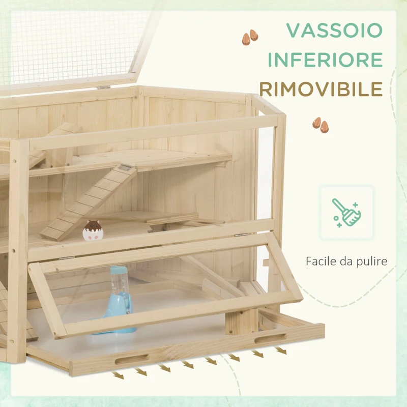 PawHut Casetta per Criceti in Legno a 3 Livelli con Tetto Apribile e Parete Trasparente, 115x60x55cm